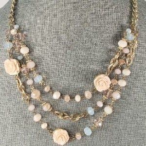 NEW YORK & COMPANY Three Tier Strand Beaded ChainLink Floral Statement Necklace